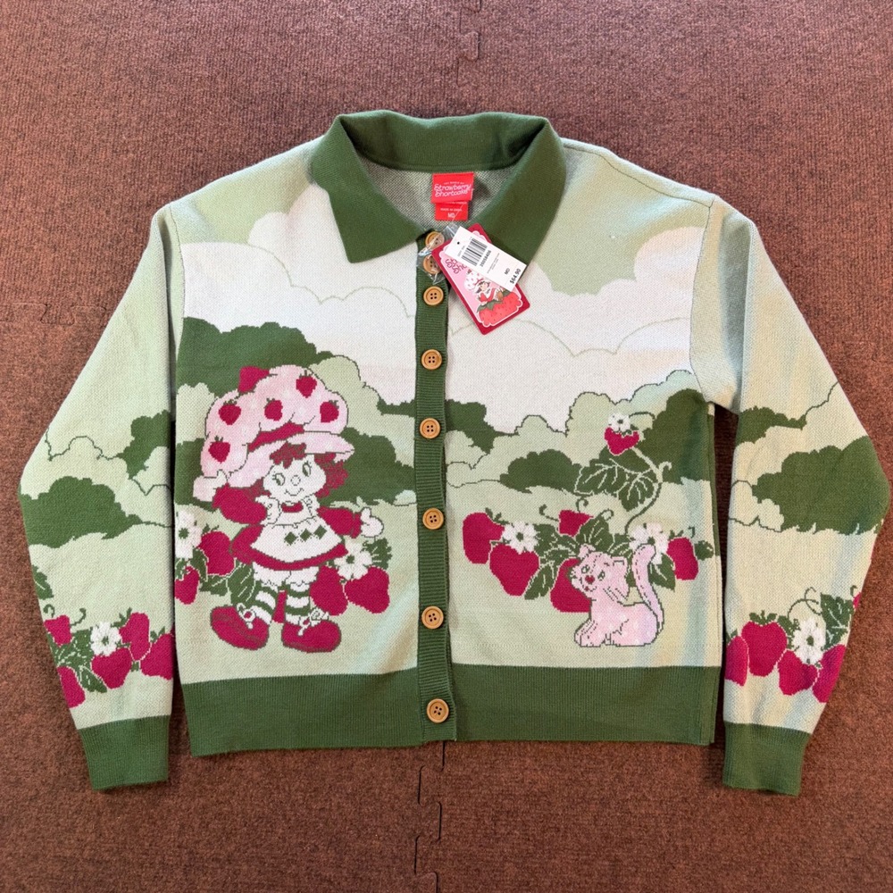 A+ Strawberry Shortcake Scenic Cardigan Sweater Green Pink Medium NWT 35058406